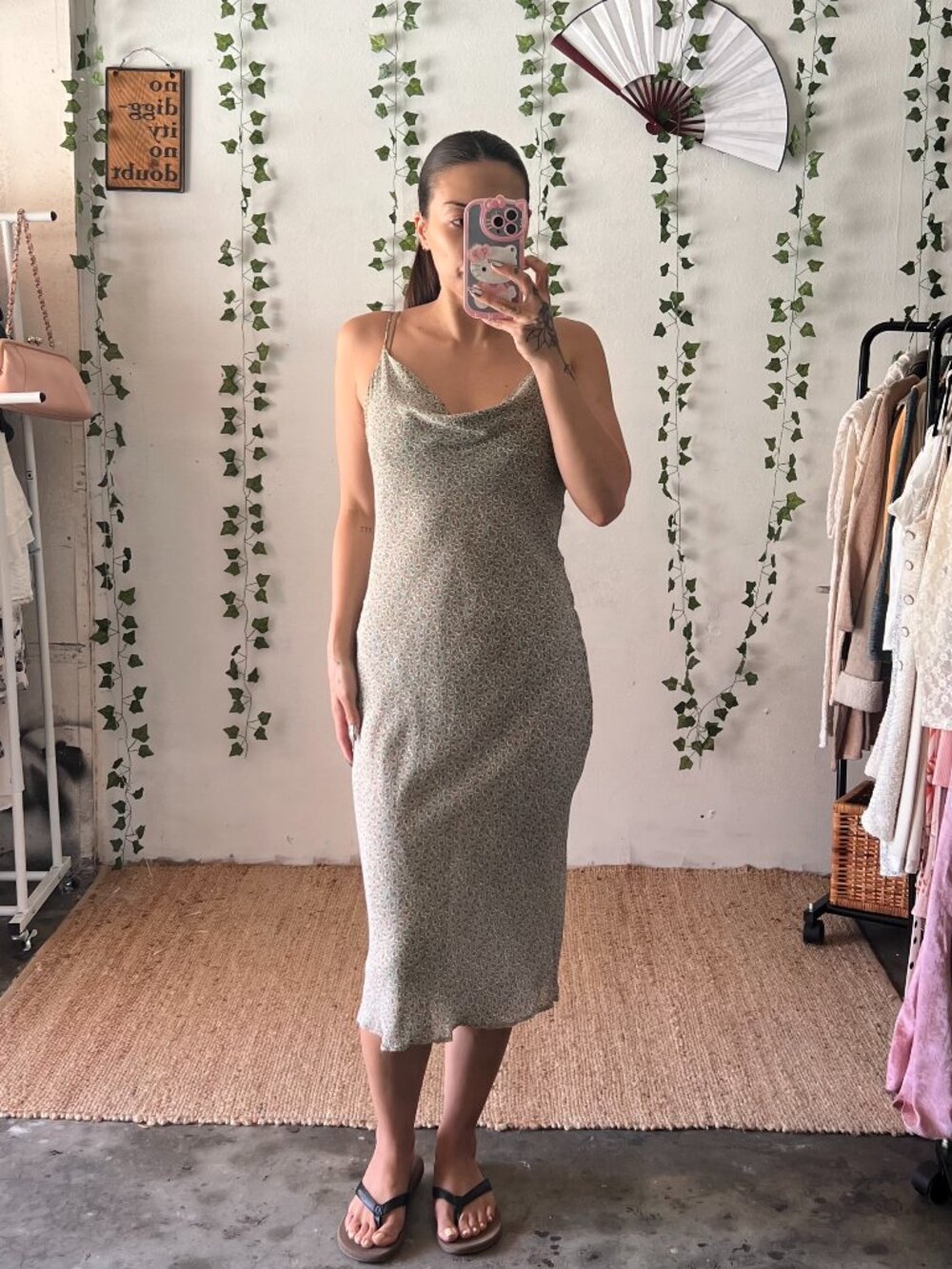 Vintage 90s Gantos slip dress with a soft sage green micro floral print